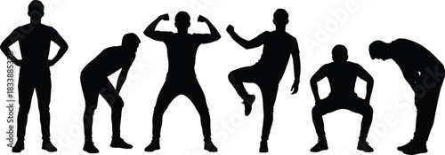 Multiple man silhouettes posing and flexing muscles vector illustration, depicting fitness, athleticism, strength, power, workout, bodybuilder, exercise, and 