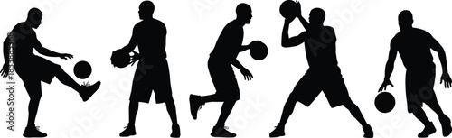 Multiple silhouettes of men playing basketball in various poses: dribbling, shooting, and passing, representing sport, athleticism, action, competition, game, and dynamic physical training graphic