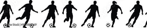 Multiple silhouettes of men playing soccer and dribbling the ball vector illustration, depicting football, sport, team game, action, athleticism, exercise, and competitive dynamic movement concept
