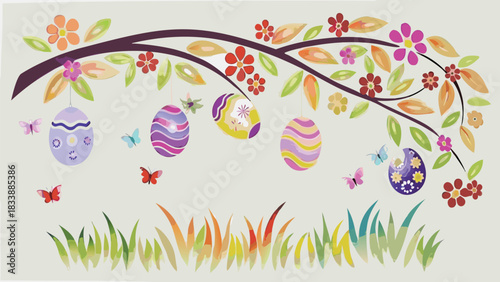Whimsical easter illustration featuring colorful decorated eggs hanging from a blooming tree branch with butterflies and grass below