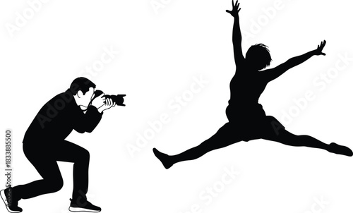 Professional photographer taking action photo of a woman mid-air jump vector illustration, capturing dynamism, sports, dance, movement, freelance work, and lifestyle photography concept