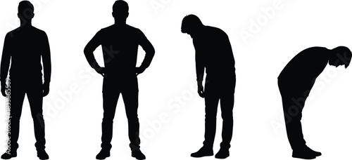 Silhouette vector illustration of a man in four poses: standing with hands on hips, and bending forward, depicting exhaustion, submission, bow, greeting, or body language graphic