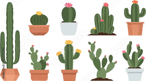 Collection of Potted Cactus Plants with Flowers in Vector Format