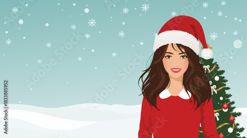 Beautiful Woman in Santa Hat with Christmas Tree in Snowy Landscape