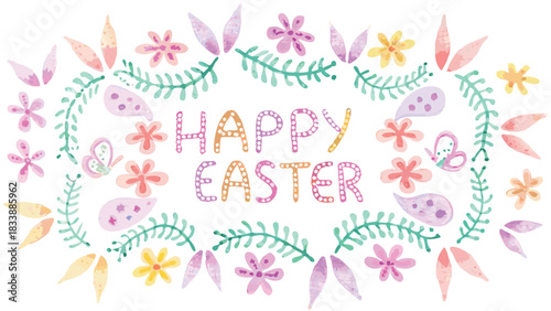 Watercolor floral and butterfly border with happy easter text in pastel colors perfect for spring holiday greetings and decorations