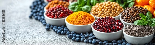 A colorful assortment of superfoods and ingredients for healthy eating and nutrition ideas diet food