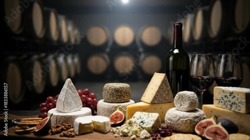 A changing assortment of delicious cheese and wine on a rustic board in a dim cellar setting for a gourmet tasting experience.