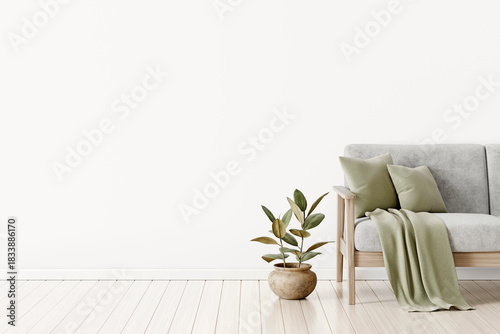 Minimal interior decoration with gray sofa, green pillows, plaid and house plant in pot. Simple living room mockup. Empty white wall background with free copy space. 3D render.