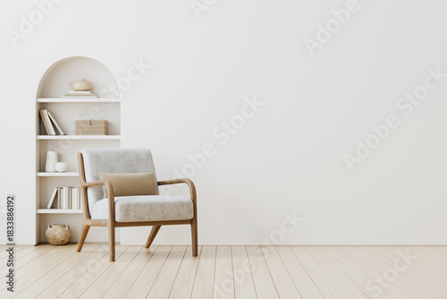 Simple and modern living room with mid-century armchair and arched built-in niche with decorated shelves. Cozy and comfortable home design. White and light empty interior wall background. 3D render.