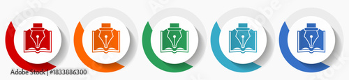 Pen with book vector icons, flat icon set for logo design, webdesign and mobile applications, colorful web button collection in eps 10