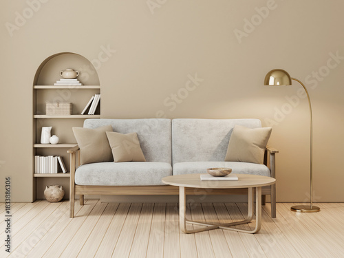 Modern living room with gray sofa, arched built-in niche with decorated shelves, coffee table and metal floor lamp. Cozy and comfortable home design. Beige interior wall background. 3D render.