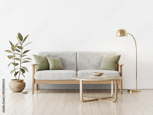 White living room interior with gray sofa, green pillows, metal floor lamp, coffee table and house plant. Modern minimal home decoration. Empty wall background with free copy space above. 3D render.