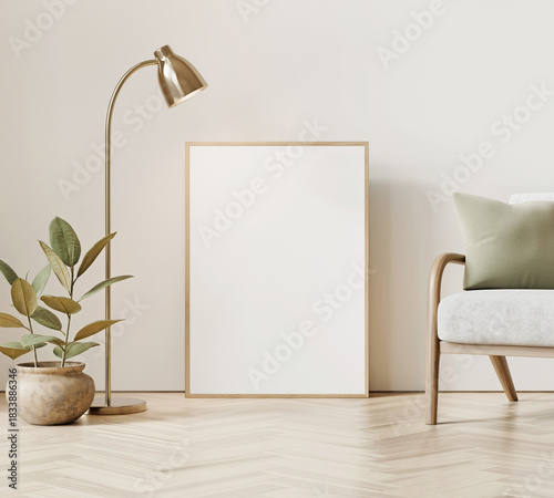 Artwork and poster mockup with lagre a1 vertical wooden frame standing on floor in warm beige and green living room interior with house plant, lamp and armchair. 3D render.
