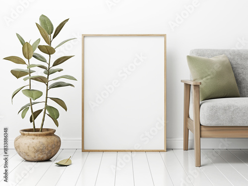 Artwork and poster mockup with lagre a1 vertical wooden frame standing on floor in white and green living room interior with house plant and seating. 3D render.