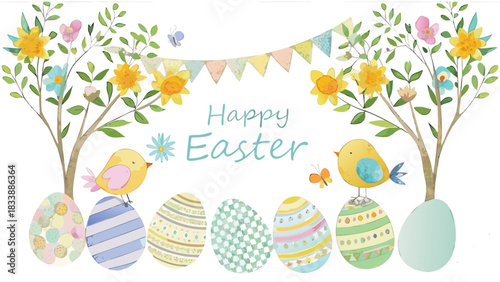 Charming watercolor illustration of two cute yellow chicks perched on decorated easter eggs with blooming trees and a festive banner creating a whimsical spring scene