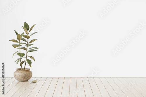 Minimal unfurnished living room with house plant in pot and fallen leaf on wooden floor. Empty white wall mockup with free copy space. Simple interior background. 3D render.