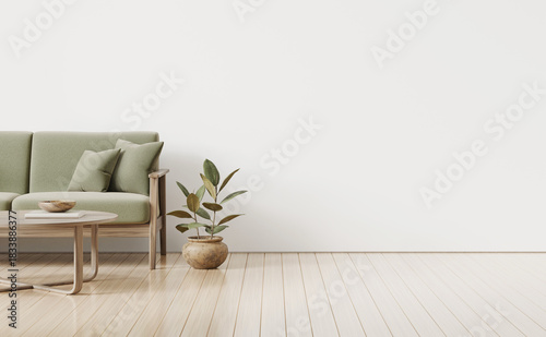 Living room interior with green sofa, house plant in pot and coffee table. Simple and modern home wall mockup. White and light empty interior background with free copy space. . 3D render.
