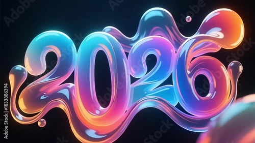 Vibrant, liquid-like digits of 2026 glow with neon colors, symbolizing a futuristic and exciting new year.