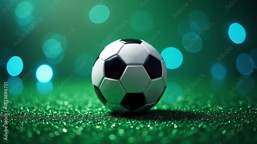 Obraz premium Soccer ball rests on vibrant turf—bokeh lights shimmer behind, evoking energy, clarity, and the calm before play.