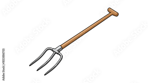 Garden hay fork with wooden handle and metal prongs on white background