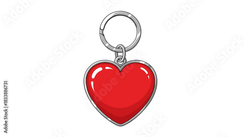 Red heart-shaped keychain with silver ring on white background