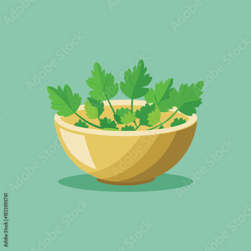 Fresh basil and parsley leaves are growing in a white houseplant pot for cooking delicious food