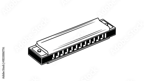 Illustration of a harmonica instrument with metal reeds and plastic body on white background