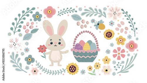 Cute easter bunny holding a flower next to a basket filled with colorful eggs surrounded by delicate spring flowers and foliage on a white background