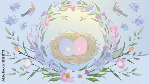 A delicate watercolor illustration of a bird s nest with two pastel eggs nestled within a wreath of spring flowers and green leaves with two small birds and scattered blossoms