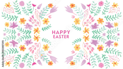 Happy easter greeting card with a symmetrical floral border in pastel watercolor style featuring various flowers and leaves on a white background