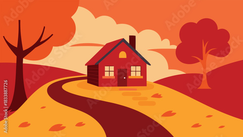Autumn landscape illustration of a country house or cottage in a village with colorful trees and sky