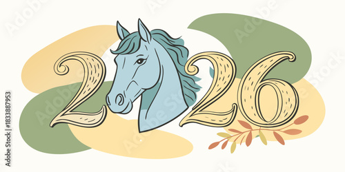 Elegant horse illustration with 2026 numerals and autumnal leaves featuring a serene color palette and a stylized hand drawn aesthetic for a unique design