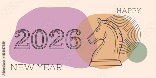 Minimalist happy new year 2026 illustration with chess knight circles and pastel colors for holiday greetings and festive backgrounds in a modern and stylish design