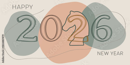 Stylish happy new year 2026 greeting card with horse silhouette in number two earth tones abstract shapes and line art design elements
