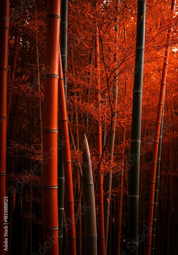 Vibrant bamboo culms showcasing striking reddish-orange hues, rising gracefully in a natural garden setting, evoking warmth and elegance ,garden ,bright ,abstract