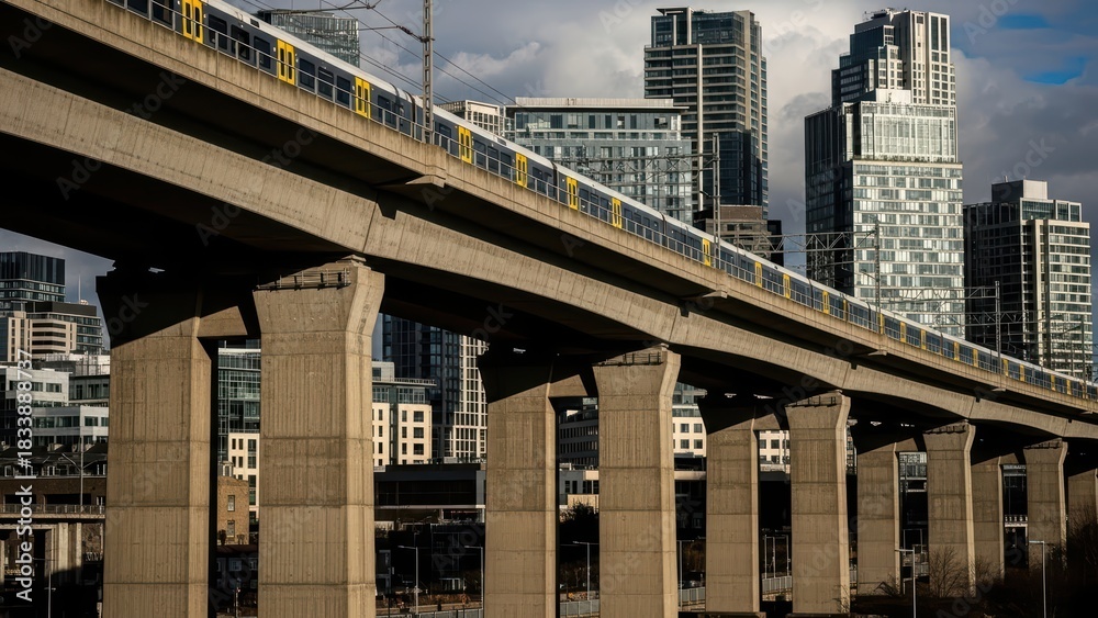 Fototapeta premium Modern urban landscape with elevated train and skyscrapers