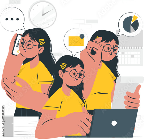 Three identical women working together with laptop and phone multitasking business