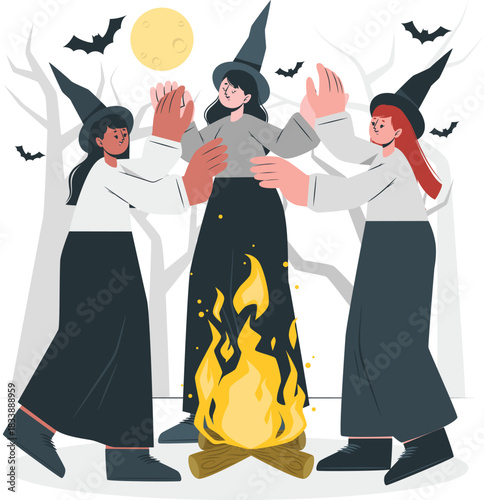 Three witches dancing around a campfire under a full moon with bats halloween magic