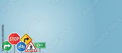 Road signs set representing essential traffic regulations and warnings for safe driving, indicating pedestrian crossings, turns, stops, and exits on a blue background