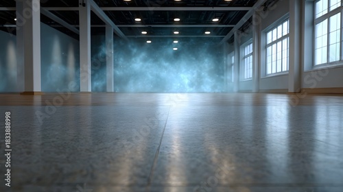 Wallpaper Mural An empty industrial hall with glowing blue mist emanating from the far wall illuminated by overhead lights Torontodigital.ca