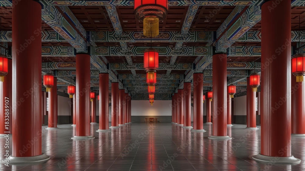 Fototapeta premium Traditional asian architecture featuring red pillars and lanterns in a symmetrical interior