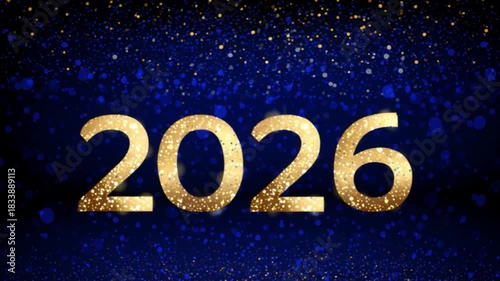 2026, golden glitter falling on a blue background. Luxury.