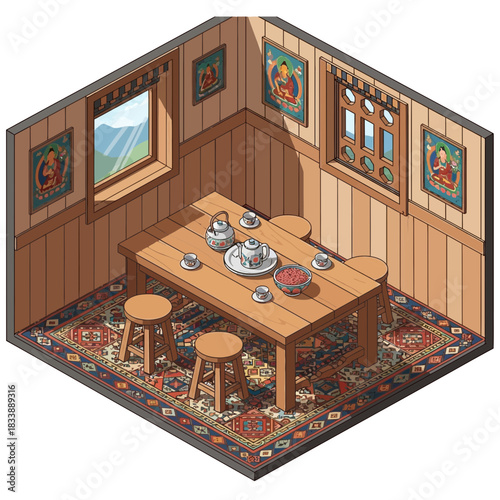 Isometric cartoon drawing of a traditionally decorated dining room interior