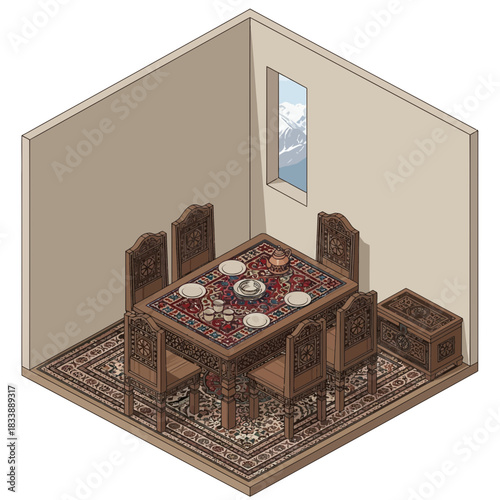 Isometric dining area with carved wooden furniture and patterned rug decor