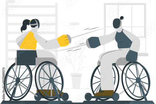 Two people in wheelchairs fencing with swords wheelchair fencing adaptive sports