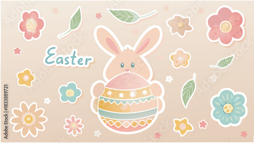 Cute easter bunny holding a decorated egg surrounded by colorful flowers and green leaves on a soft beige background with the word easter