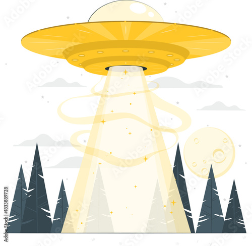 UFO beaming light down on a forest at night alien spaceship