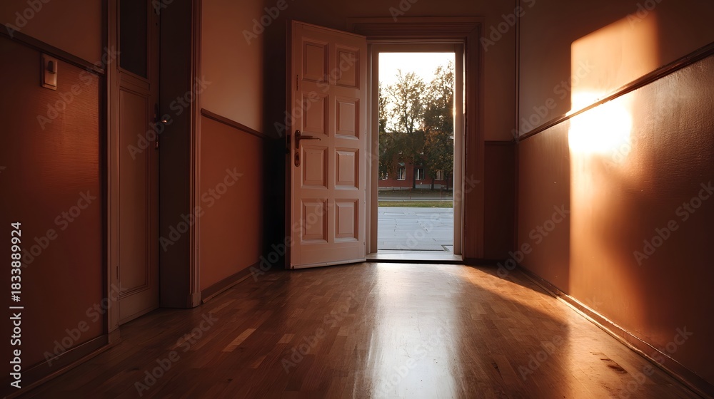Fototapeta premium Golden hour sunlight streams through an open door illuminating an empty interior hallway with a warm glow
