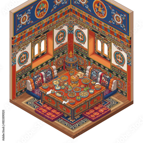 Ornate Tibetan dining room featuring a banquet and intricate decorations