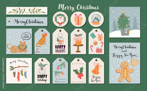 Big vector Christmas holiday set with greeting cards, tags, circular badges, and gift tags. Includes dog, cat, gingerbread man, mistletoe, bells, cakes, and pine trees for festive seasonal design.